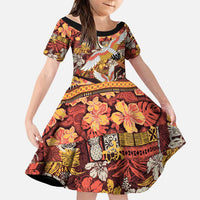 Japanese Hawaiian Crane Family Matching Long Sleeve Bodycon Dress and Hawaiian Shirt Yellow Ochre Tapa Patchwork Pattern