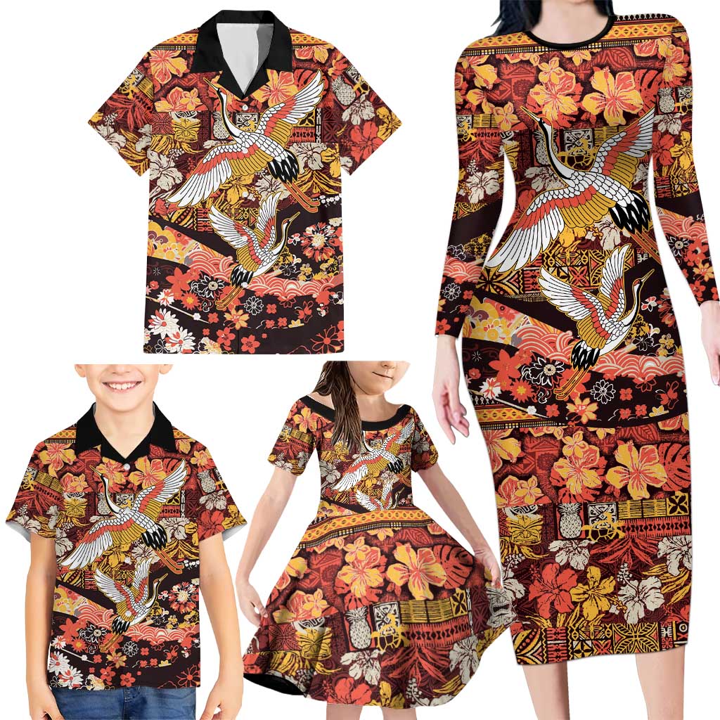 Japanese Hawaiian Crane Family Matching Long Sleeve Bodycon Dress and Hawaiian Shirt Yellow Ochre Tapa Patchwork Pattern