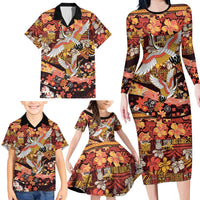 Japanese Hawaiian Crane Family Matching Long Sleeve Bodycon Dress and Hawaiian Shirt Yellow Ochre Tapa Patchwork Pattern