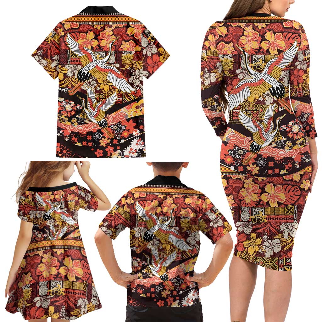Japanese Hawaiian Crane Family Matching Long Sleeve Bodycon Dress and Hawaiian Shirt Yellow Ochre Tapa Patchwork Pattern