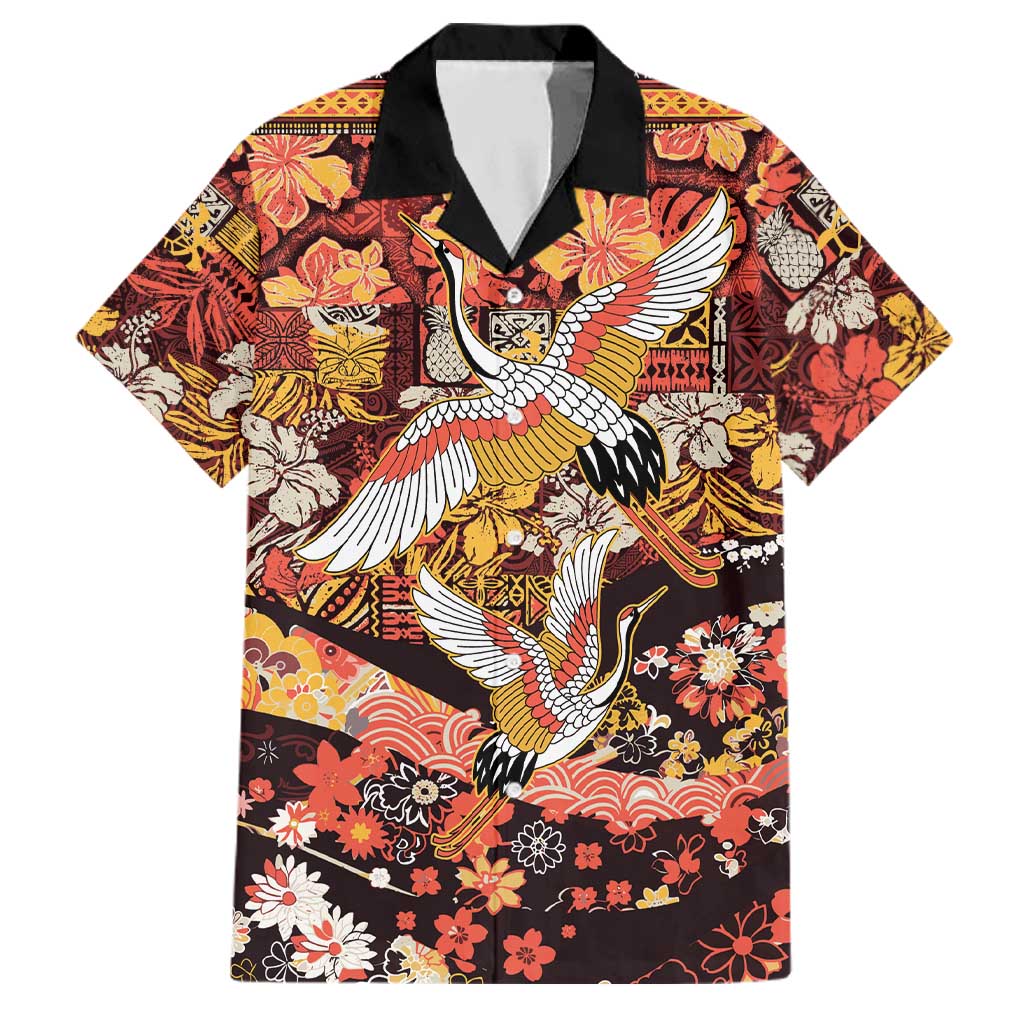 Japanese Hawaiian Crane Family Matching Long Sleeve Bodycon Dress and Hawaiian Shirt Yellow Ochre Tapa Patchwork Pattern