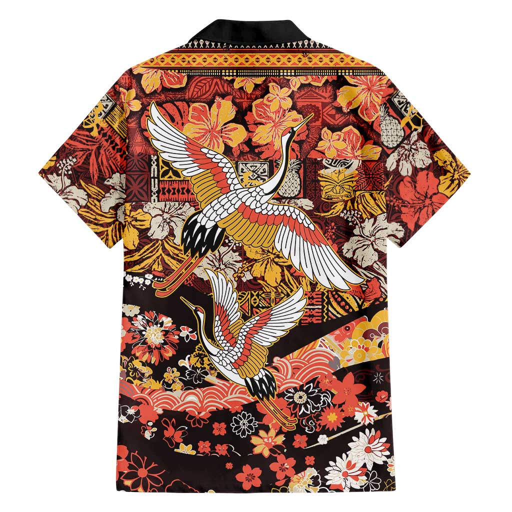 Japanese Hawaiian Crane Family Matching Long Sleeve Bodycon Dress and Hawaiian Shirt Yellow Ochre Tapa Patchwork Pattern