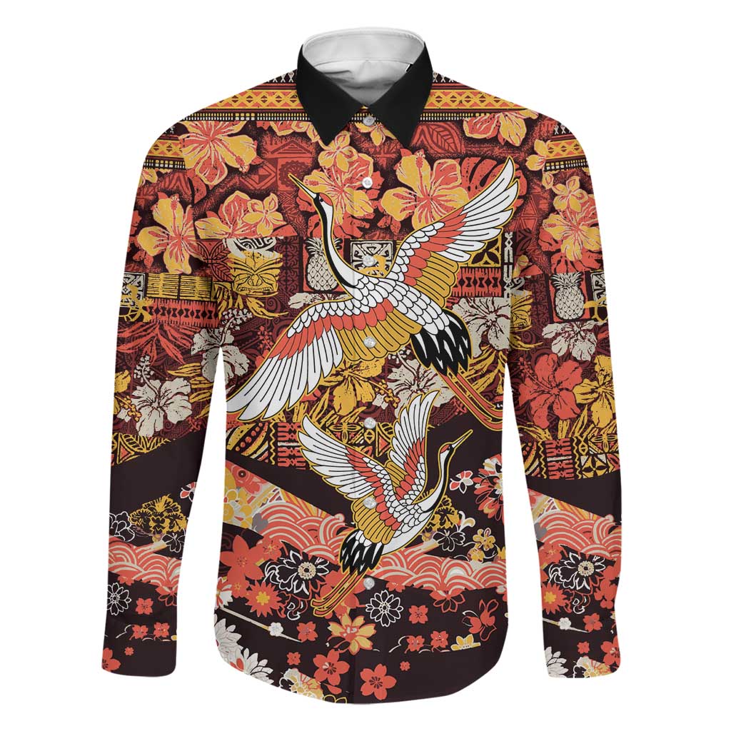 Japanese Hawaiian Crane Family Matching Long Sleeve Bodycon Dress and Hawaiian Shirt Yellow Ochre Tapa Patchwork Pattern