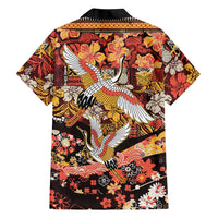 Japanese Hawaiian Crane Family Matching Off The Shoulder Long Sleeve Dress and Hawaiian Shirt Yellow Ochre Tapa Patchwork Pattern