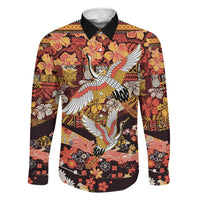 Japanese Hawaiian Crane Family Matching Off The Shoulder Long Sleeve Dress and Hawaiian Shirt Yellow Ochre Tapa Patchwork Pattern