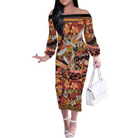 Japanese Hawaiian Crane Family Matching Off The Shoulder Long Sleeve Dress and Hawaiian Shirt Yellow Ochre Tapa Patchwork Pattern