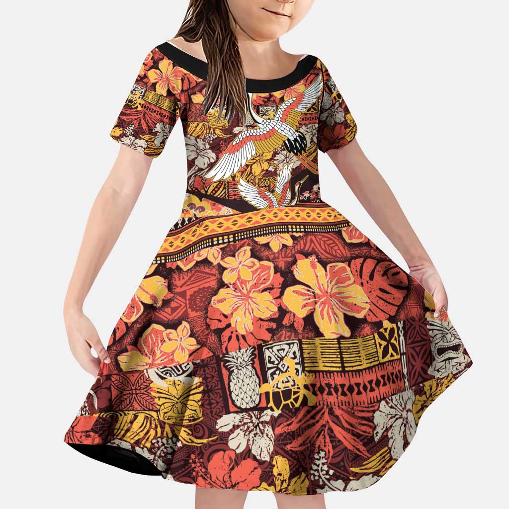 Japanese Hawaiian Crane Family Matching Puletasi and Hawaiian Shirt Yellow Ochre Tapa Patchwork Pattern LT9 Daughter's Dress Yellow - Polynesian Pride