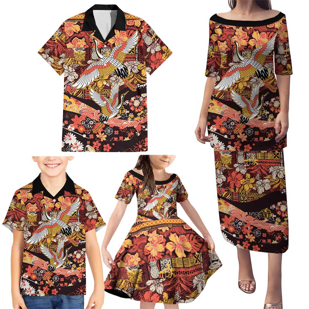 Japanese Hawaiian Crane Family Matching Puletasi and Hawaiian Shirt Yellow Ochre Tapa Patchwork Pattern LT9 - Polynesian Pride