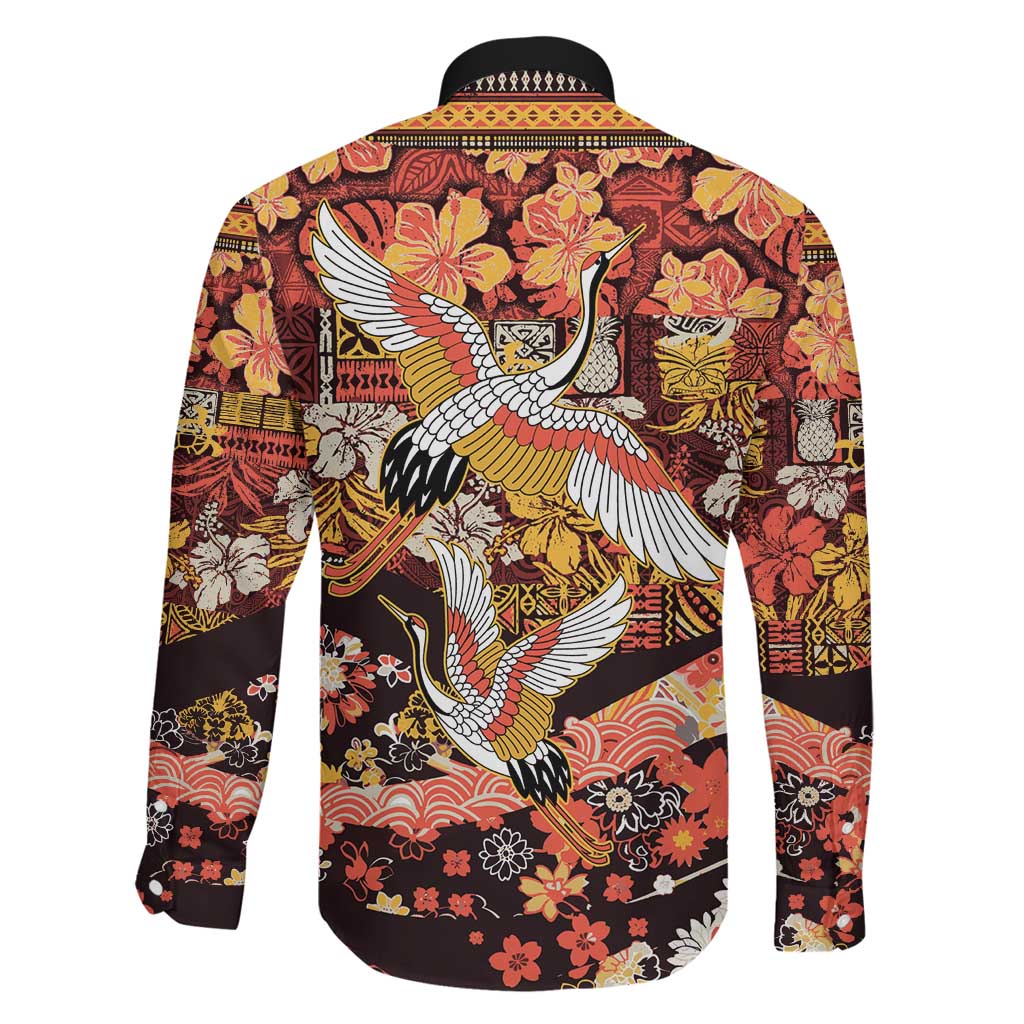 Japanese Hawaiian Crane Family Matching Puletasi and Hawaiian Shirt Yellow Ochre Tapa Patchwork Pattern LT9 - Polynesian Pride