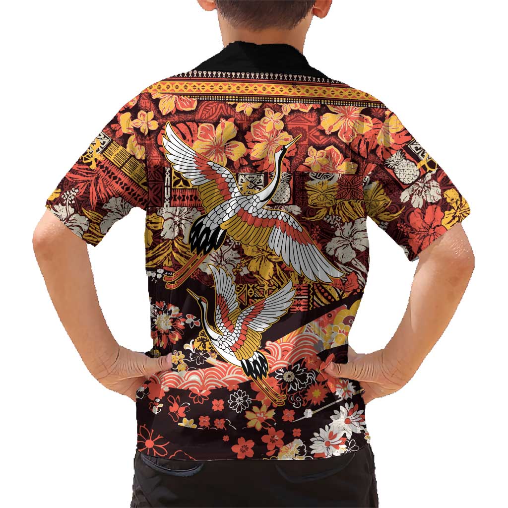 Japanese Hawaiian Crane Family Matching Short Sleeve Bodycon Dress and Hawaiian Shirt Yellow Ochre Tapa Patchwork Pattern