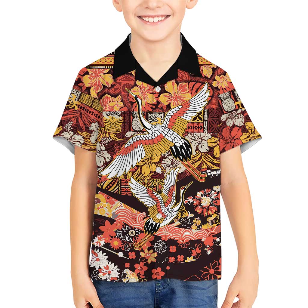 Japanese Hawaiian Crane Family Matching Short Sleeve Bodycon Dress and Hawaiian Shirt Yellow Ochre Tapa Patchwork Pattern
