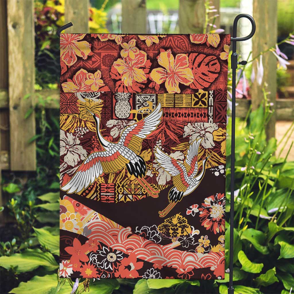 Japanese Hawaiian Crane Garden Flag Yellow Ochre Tapa Patchwork Pattern LT9 Garden Flag Yellow - Polynesian Pride