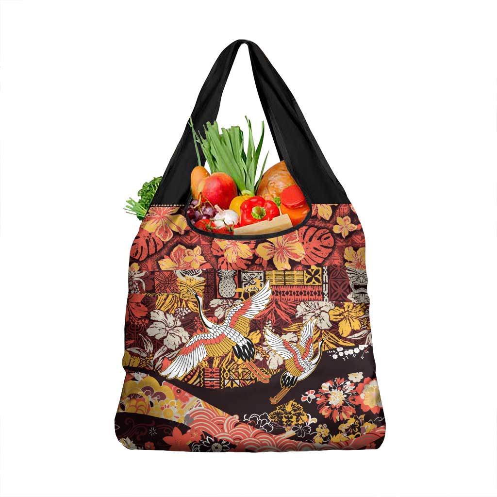 Japanese Hawaiian Crane Grocery Bag Yellow Ochre Tapa Patchwork Pattern LT9 1-pack One Size Yellow - Polynesian Pride