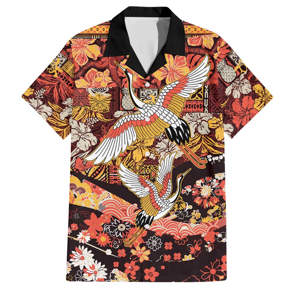 Japanese Hawaiian Crane Hawaiian Shirt Yellow Ochre Tapa Patchwork Pattern