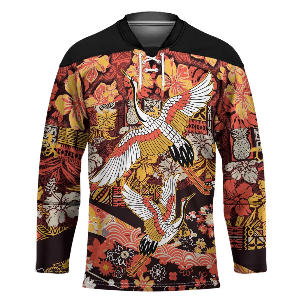 Japanese Hawaiian Crane Hockey Jersey Yellow Ochre Tapa Patchwork Pattern LT9 Unisex Yellow - Polynesian Pride