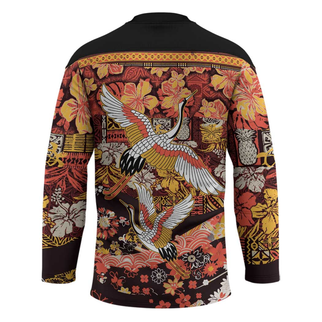Japanese Hawaiian Crane Hockey Jersey Yellow Ochre Tapa Patchwork Pattern LT9 - Polynesian Pride