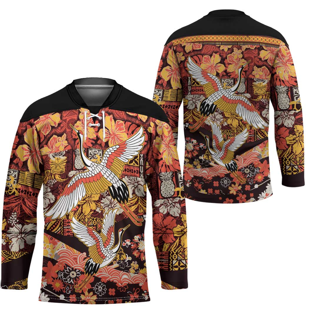 Japanese Hawaiian Crane Hockey Jersey Yellow Ochre Tapa Patchwork Pattern LT9 - Polynesian Pride