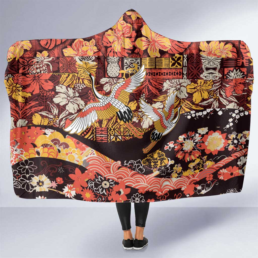 Japanese Hawaiian Crane Hooded Blanket Yellow Ochre Tapa Patchwork Pattern LT9 One Size Yellow - Polynesian Pride