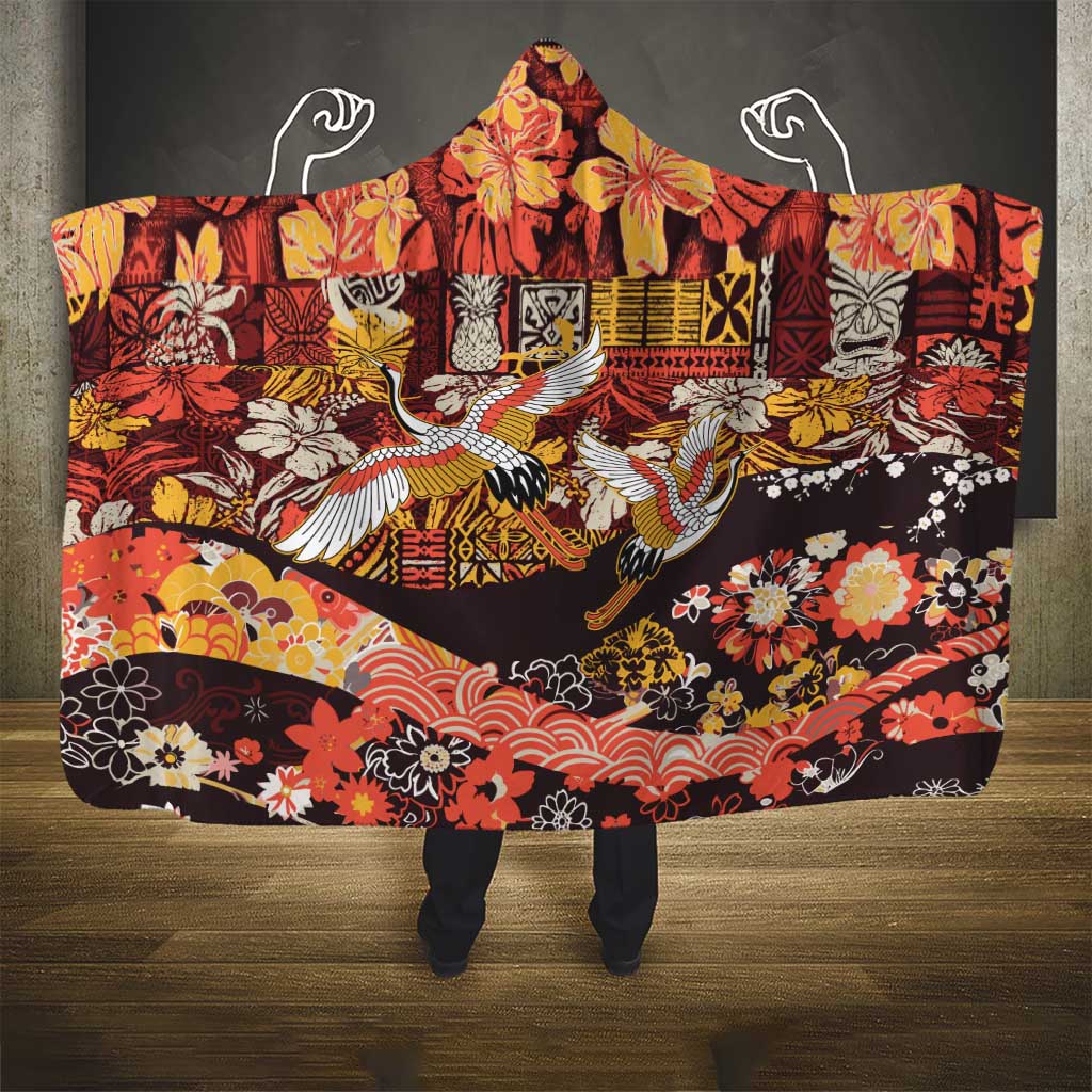 Japanese Hawaiian Crane Hooded Blanket Yellow Ochre Tapa Patchwork Pattern LT9 - Polynesian Pride