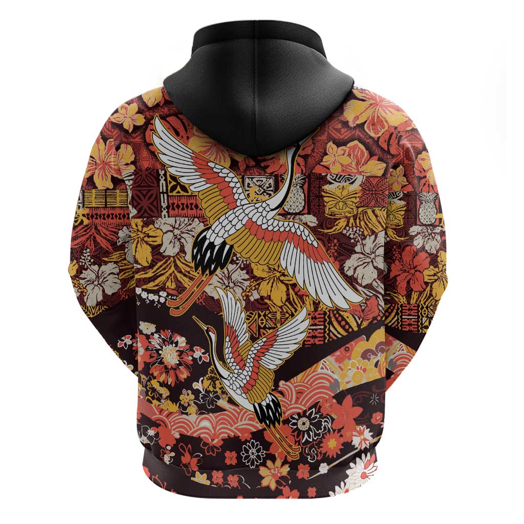 Japanese Hawaiian Crane Hoodie Yellow Ochre Tapa Patchwork Pattern LT9 - Polynesian Pride