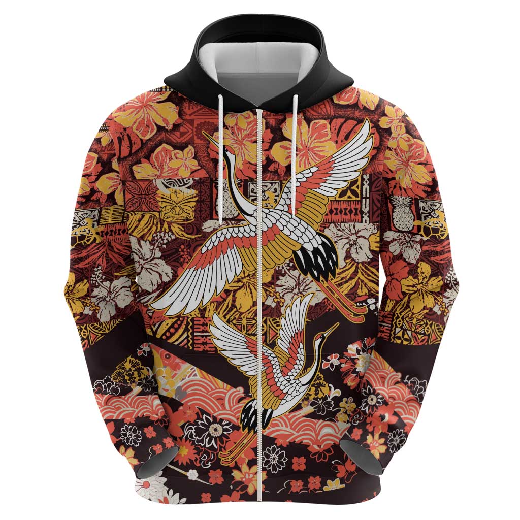 Japanese Hawaiian Crane Hoodie Yellow Ochre Tapa Patchwork Pattern LT9 - Polynesian Pride