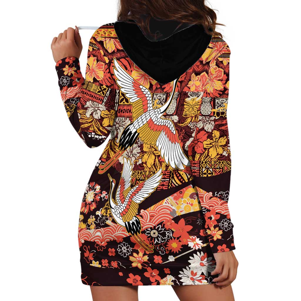 Japanese Hawaiian Crane Hoodie Dress Yellow Ochre Tapa Patchwork Pattern LT9 - Polynesian Pride