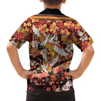 Japanese Hawaiian Crane Kid Hawaiian Shirt Yellow Ochre Tapa Patchwork Pattern LT9 - Polynesian Pride