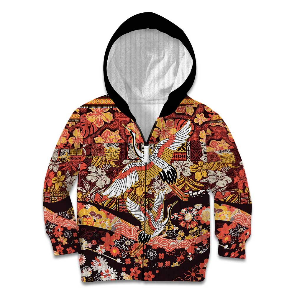 Japanese Hawaiian Crane Kid Hoodie Yellow Ochre Tapa Patchwork Pattern LT9 Zip Hoodie Yellow - Polynesian Pride