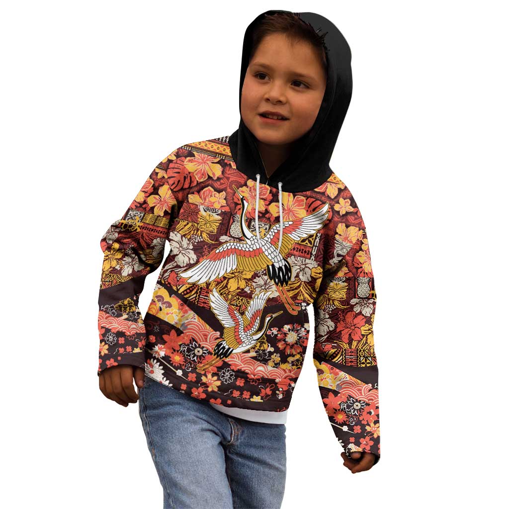 Japanese Hawaiian Crane Kid Hoodie Yellow Ochre Tapa Patchwork Pattern LT9 - Polynesian Pride
