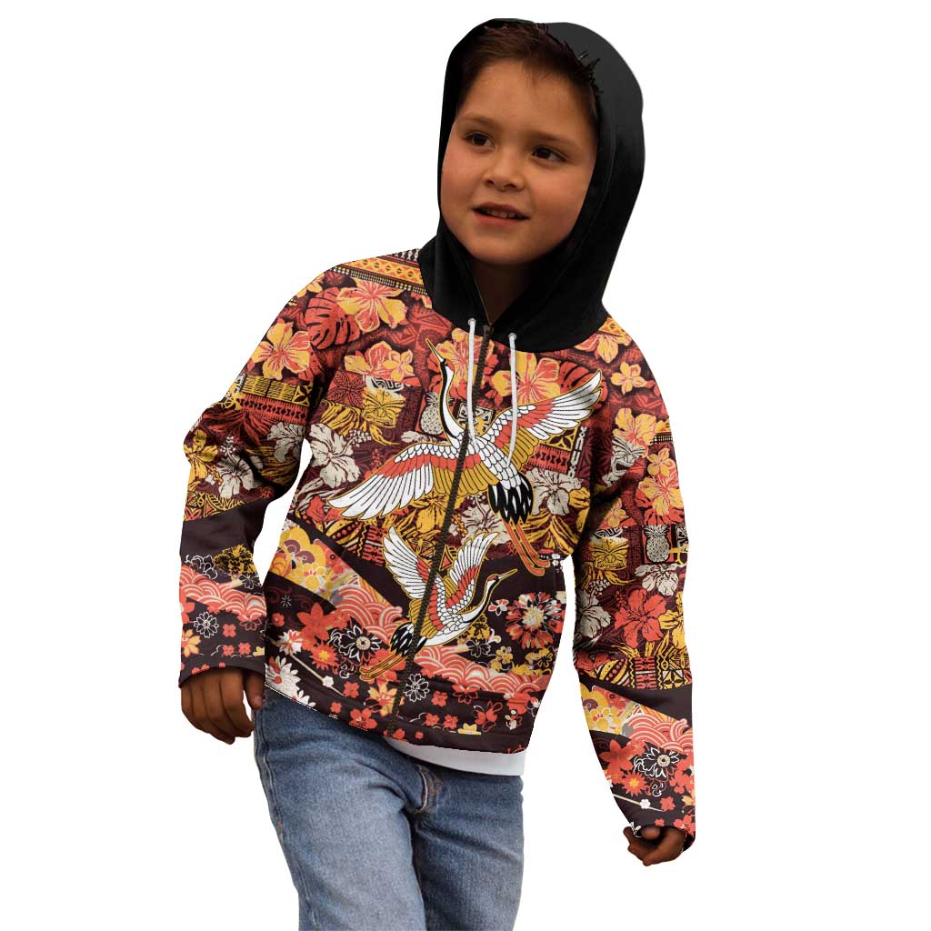 Japanese Hawaiian Crane Kid Hoodie Yellow Ochre Tapa Patchwork Pattern LT9 - Polynesian Pride