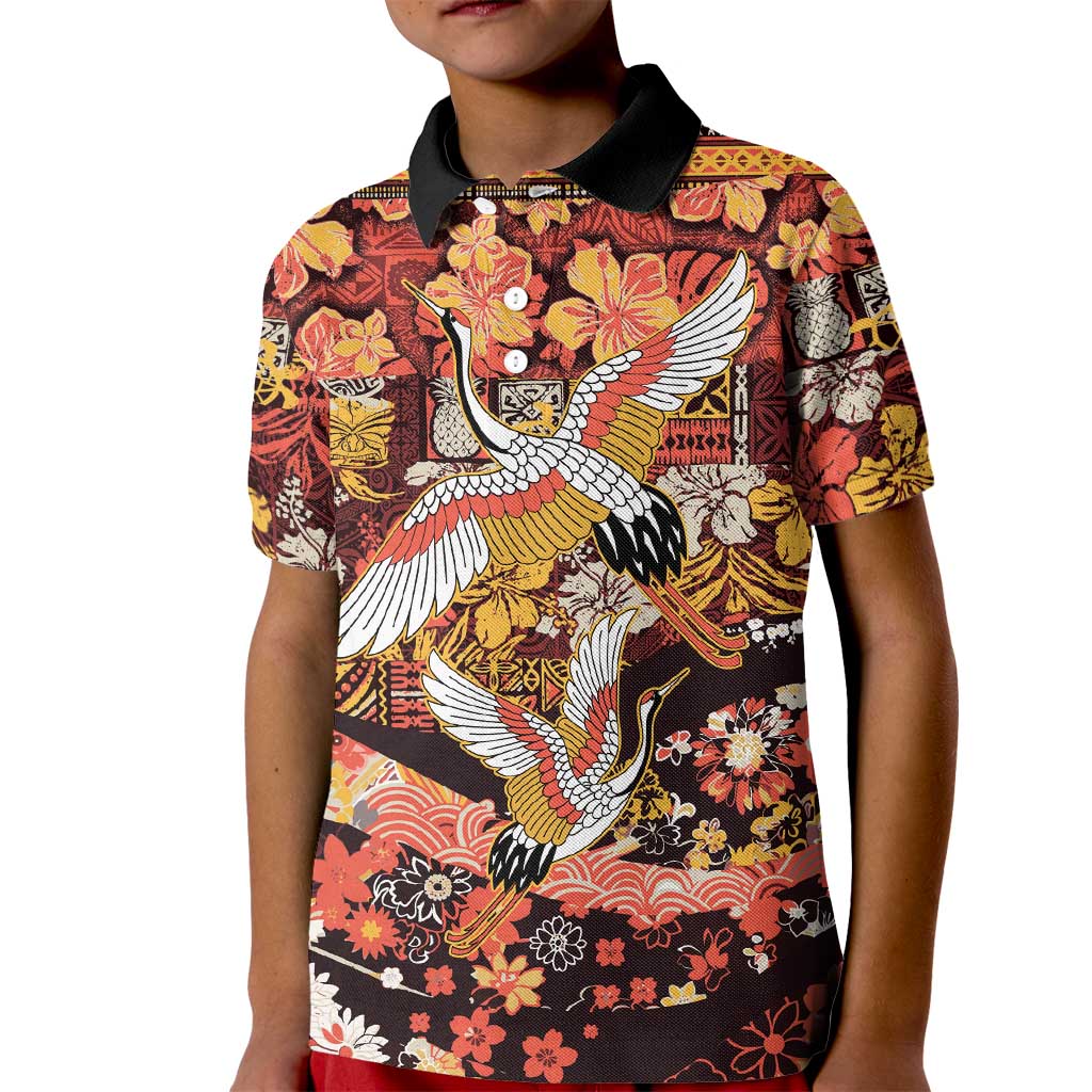 Japanese Hawaiian Crane Kid Polo Shirt Yellow Ochre Tapa Patchwork Pattern LT9 Kid Yellow - Polynesian Pride