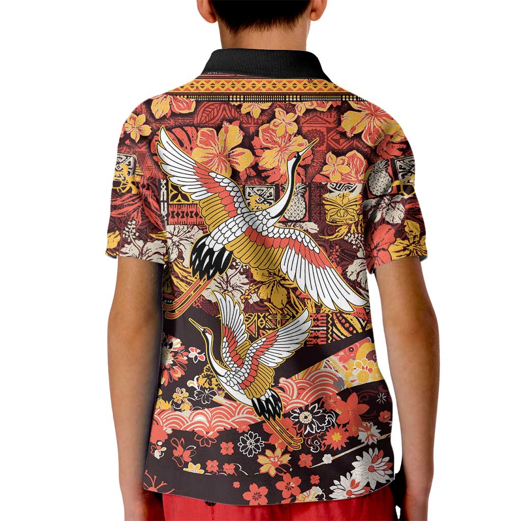 Japanese Hawaiian Crane Kid Polo Shirt Yellow Ochre Tapa Patchwork Pattern LT9 - Polynesian Pride