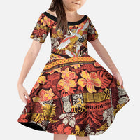 Japanese Hawaiian Crane Kid Short Sleeve Dress Yellow Ochre Tapa Patchwork Pattern LT9 KID Yellow - Polynesian Pride