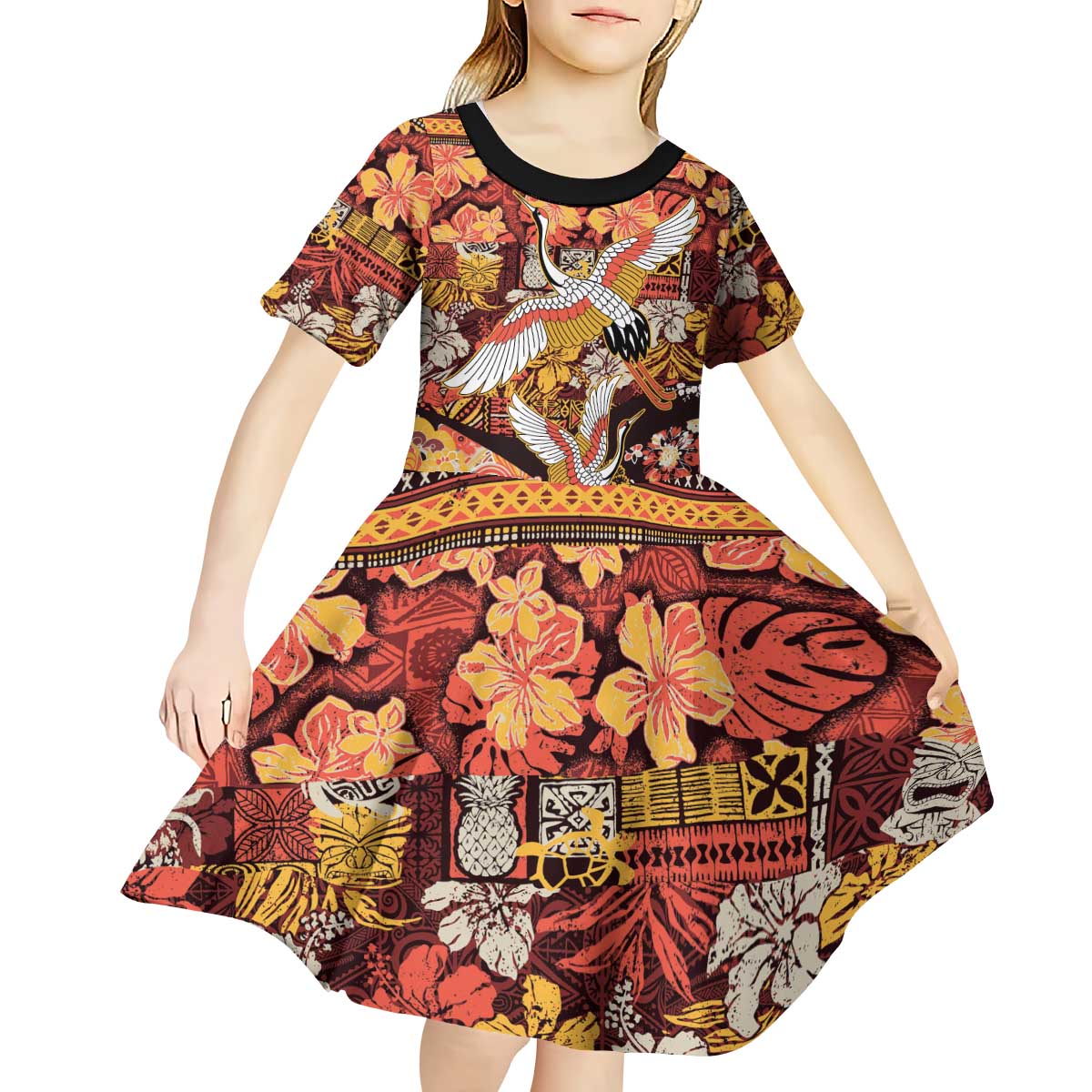 Japanese Hawaiian Crane Kid Short Sleeve Dress Yellow Ochre Tapa Patchwork Pattern LT9 - Polynesian Pride