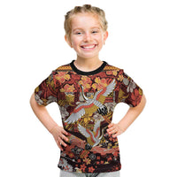 Japanese Hawaiian Crane Kid T Shirt Yellow Ochre Tapa Patchwork Pattern