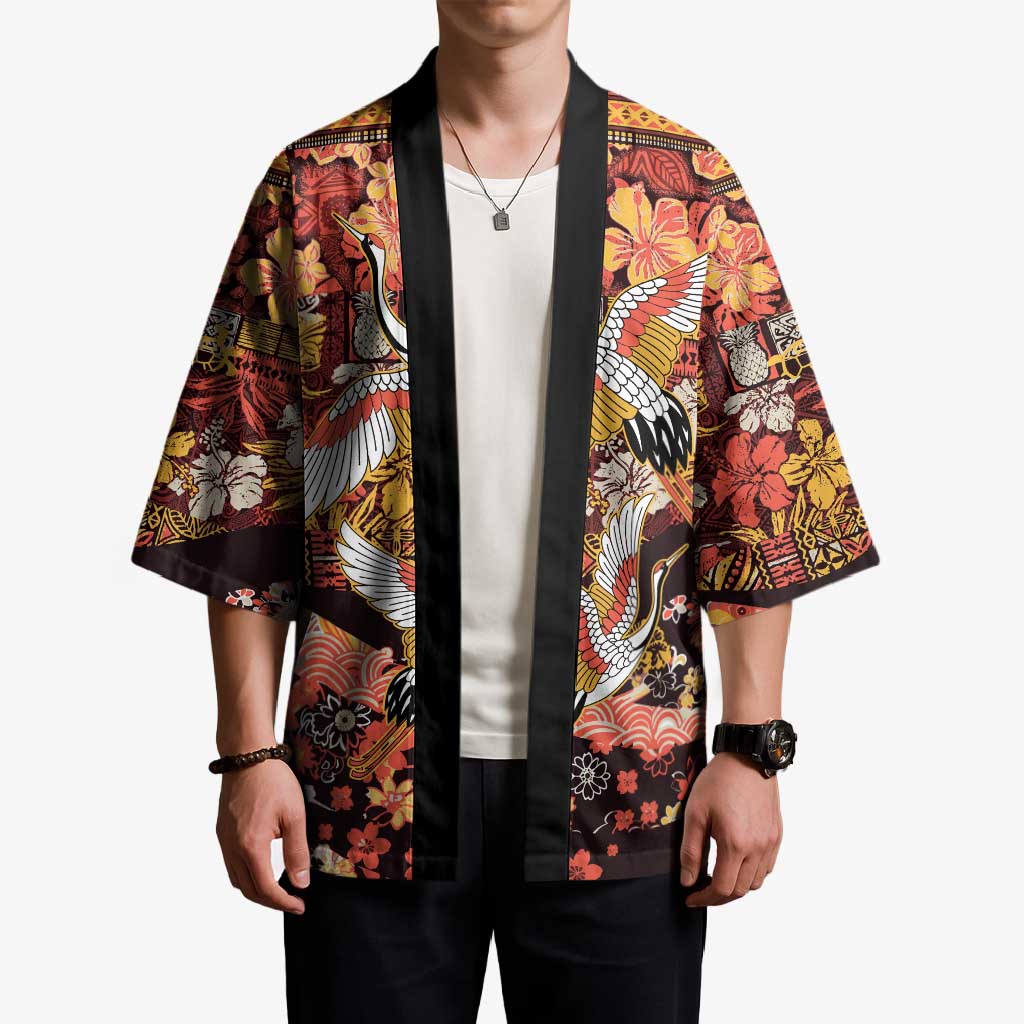 Japanese Hawaiian Crane Kimono Yellow Ochre Tapa Patchwork Pattern