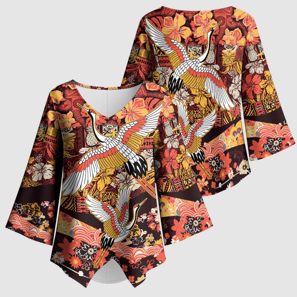 Japanese Hawaiian Crane Kimono Sleeve Blouse Yellow Ochre Tapa Patchwork Pattern