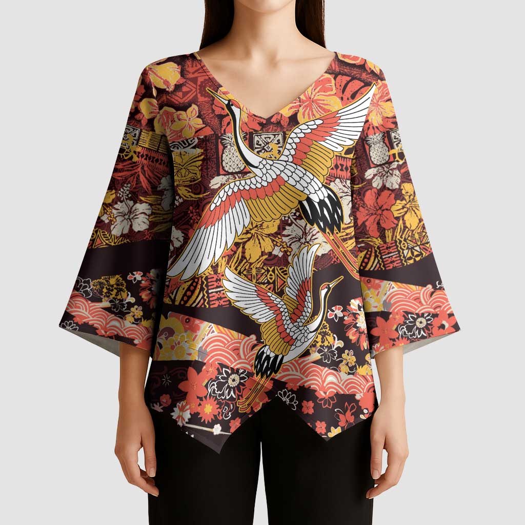 Japanese Hawaiian Crane Kimono Sleeve Blouse Yellow Ochre Tapa Patchwork Pattern