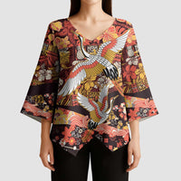 Japanese Hawaiian Crane Kimono Sleeve Blouse Yellow Ochre Tapa Patchwork Pattern