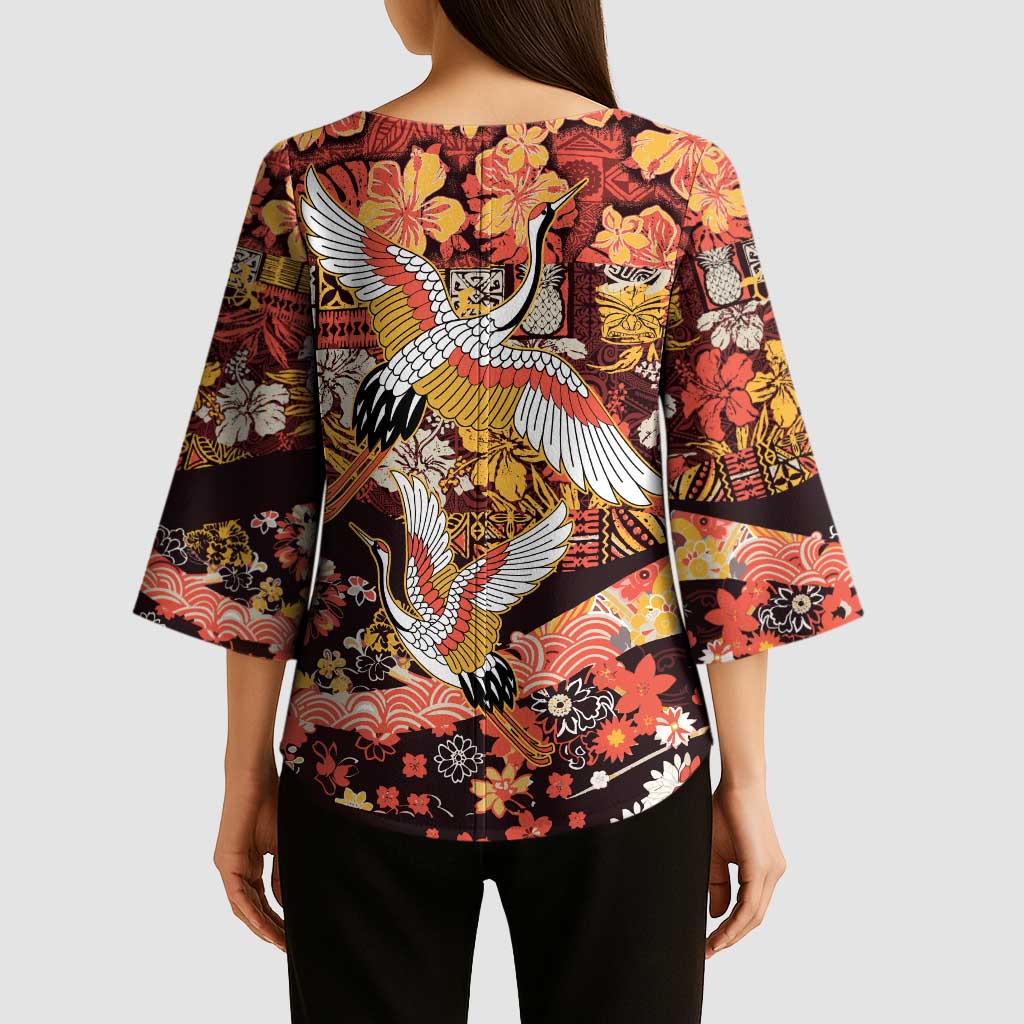 Japanese Hawaiian Crane Kimono Sleeve Blouse Yellow Ochre Tapa Patchwork Pattern