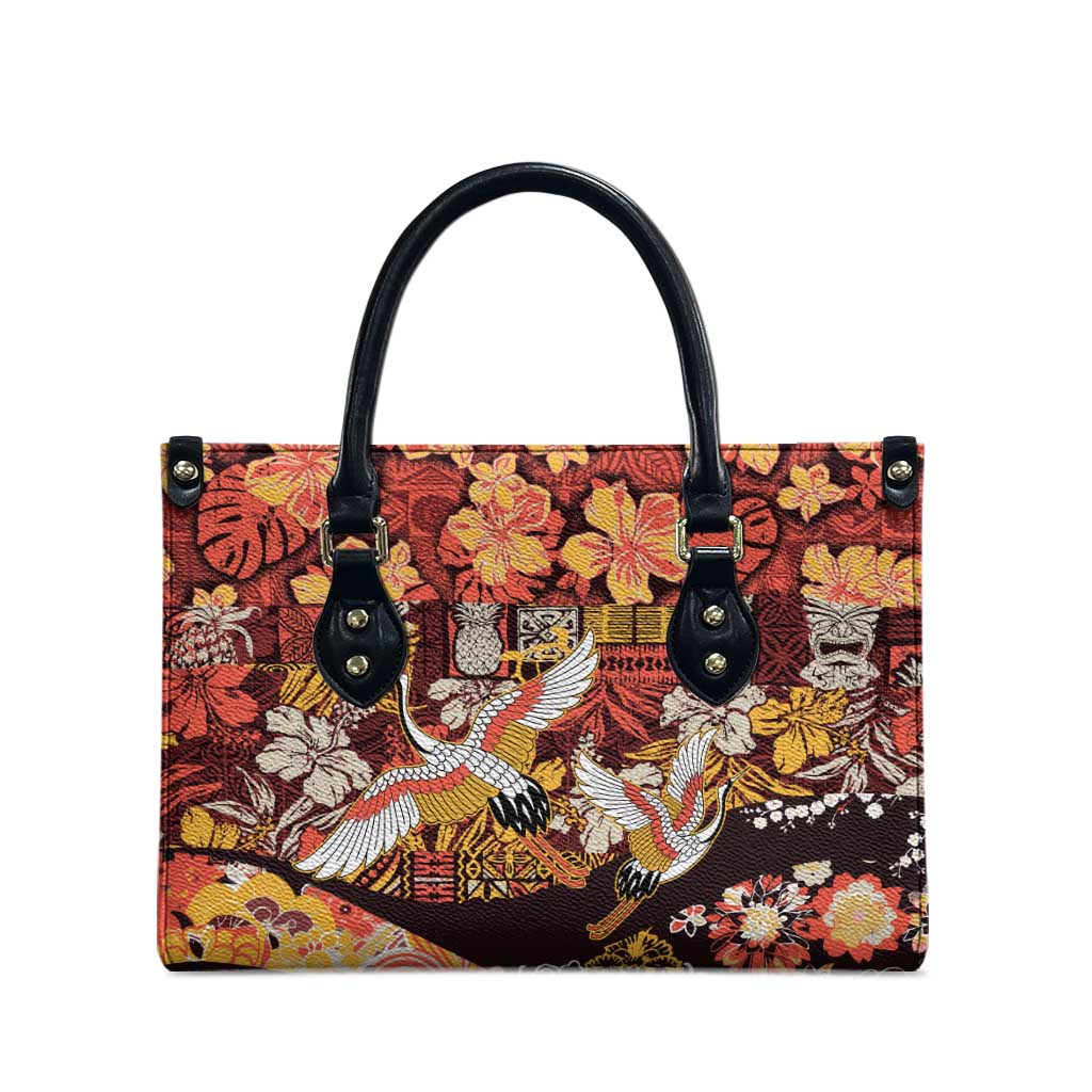 Japanese Hawaiian Crane Leather Bag Yellow Ochre Tapa Patchwork Pattern LT9 - Polynesian Pride