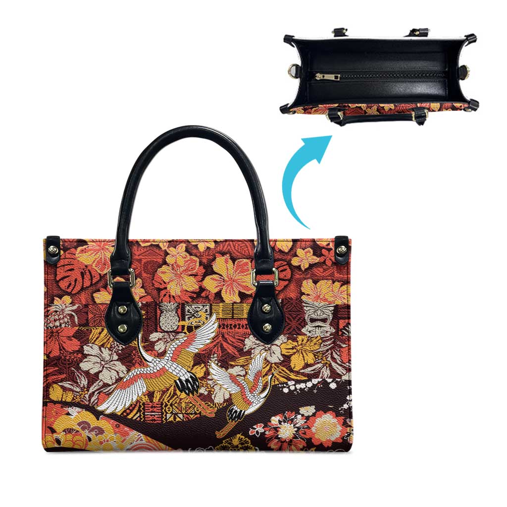 Japanese Hawaiian Crane Leather Bag Yellow Ochre Tapa Patchwork Pattern LT9 - Polynesian Pride