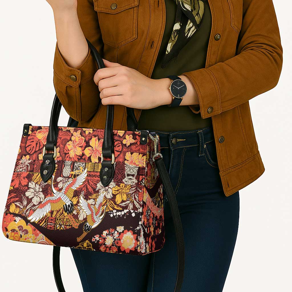 Japanese Hawaiian Crane Leather Bag Yellow Ochre Tapa Patchwork Pattern LT9 - Polynesian Pride