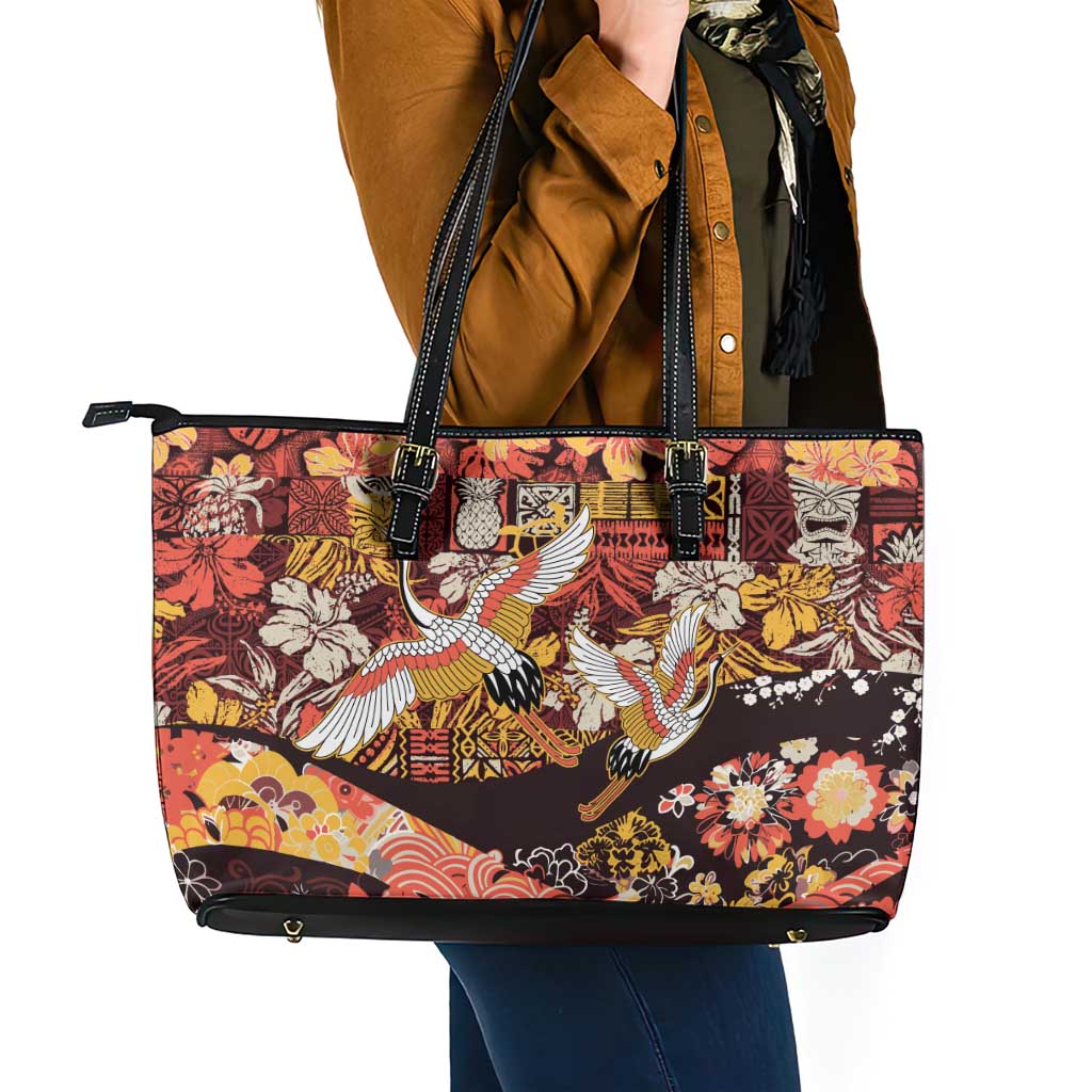 Japanese Hawaiian Crane Leather Tote Bag Yellow Ochre Tapa Patchwork Pattern LT9 - Polynesian Pride