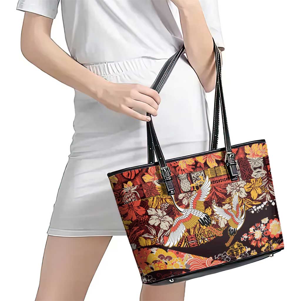 Japanese Hawaiian Crane Leather Tote Bag Yellow Ochre Tapa Patchwork Pattern LT9 - Polynesian Pride