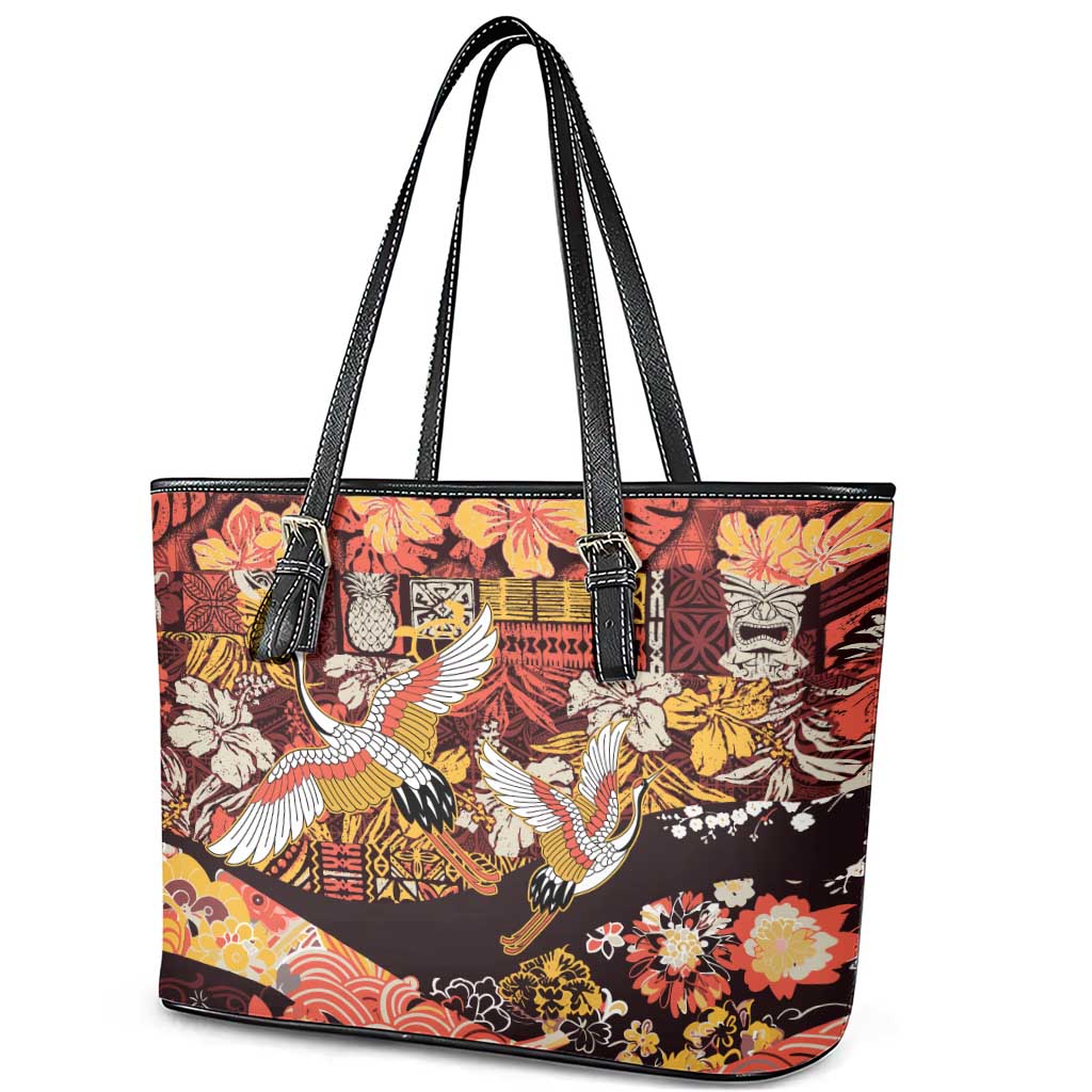 Japanese Hawaiian Crane Leather Tote Bag Yellow Ochre Tapa Patchwork Pattern LT9 - Polynesian Pride