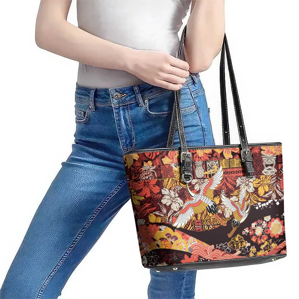 Japanese Hawaiian Crane Leather Tote Bag Yellow Ochre Tapa Patchwork Pattern LT9 - Polynesian Pride