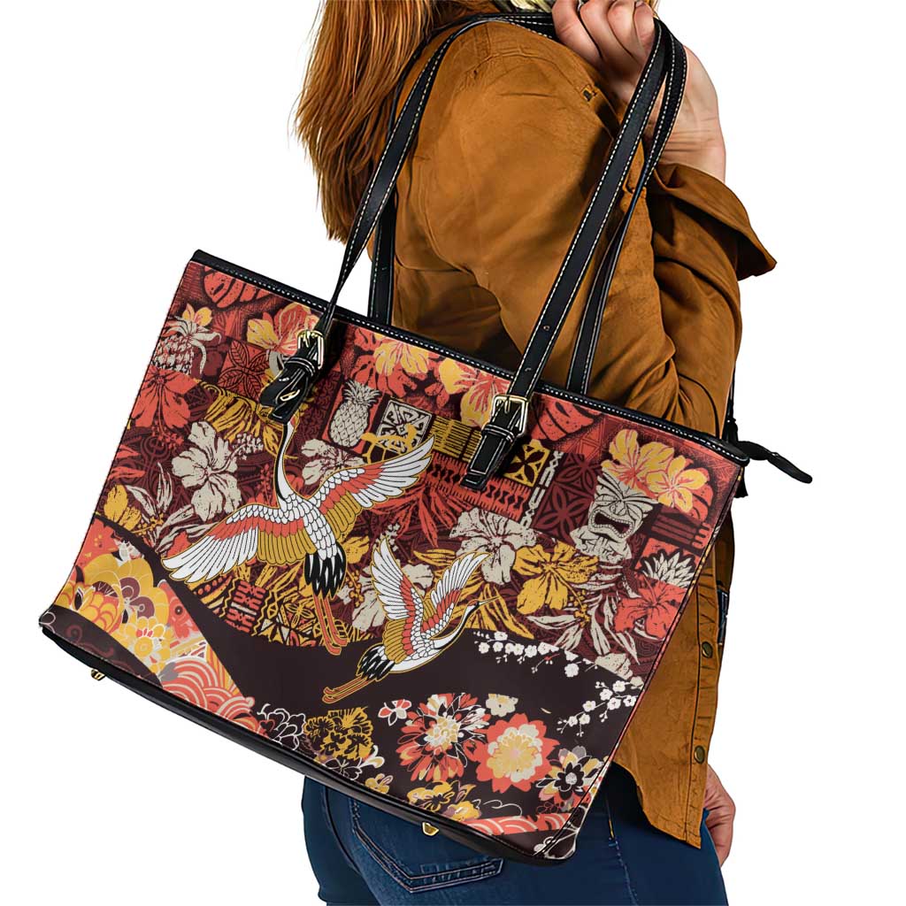 Japanese Hawaiian Crane Leather Tote Bag Yellow Ochre Tapa Patchwork Pattern LT9 - Polynesian Pride