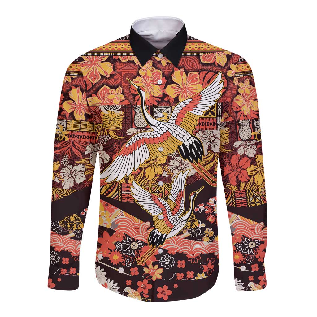 Japanese Hawaiian Crane Long Sleeve Button Shirt Yellow Ochre Tapa Patchwork Pattern LT9 Unisex Yellow - Polynesian Pride