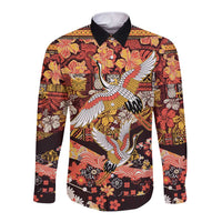 Japanese Hawaiian Crane Long Sleeve Button Shirt Yellow Ochre Tapa Patchwork Pattern LT9 Unisex Yellow - Polynesian Pride